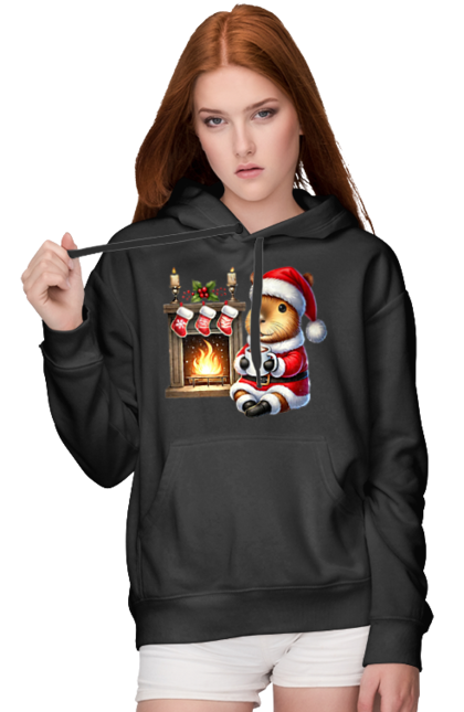 Women's hoodie with prints Capybara by the fireplace with hot chocolate. Animal, capybara, christmas, christmas capybara, fireplace, gift, holiday, hot chocolate, new year, santa. 2070702