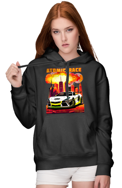 Жіноче худі з принтом "Атомна гонка". Авто, автомобіль, атомні перегони, гонки, гоночні машини, спортивна машина, спорткар. 2070702