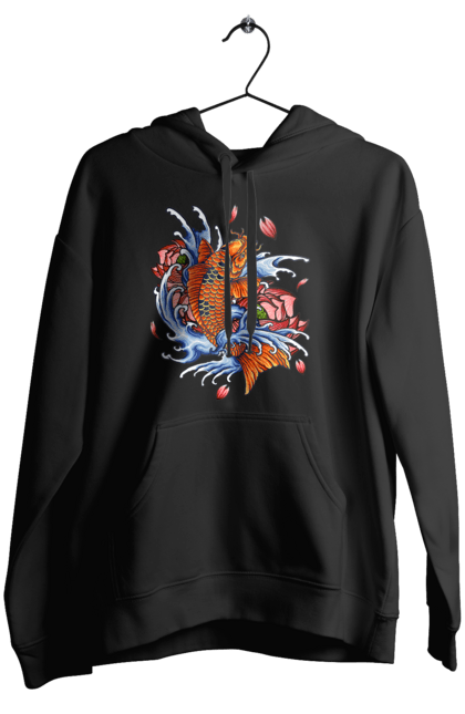 Women`s hoodie with prints Fish and waves. Fish, flower, wave. 2070702