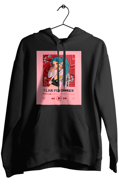 Жіноче худі з принтом "I Live For Danger". Аніме, музика, пістолет, програвач. 2070702