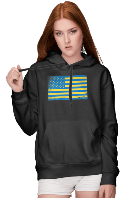 Жіноче худі з принтом "Український прапор США". Америка, американський прапор, жовто-блакитний, жовто-блакитний прапор, національний, прапор америки, прапор україни, прикол, сполучені штати, сша, україна, український прапор. Print Shop