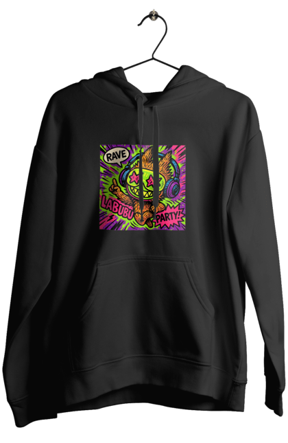 Жіноче худі з принтом "Лабубу". Вечірка, вуличне мистецтво, графіті, зоряніочі, коміксстиль, лабубу, навушники, неон, попарт, рейв. 2070702