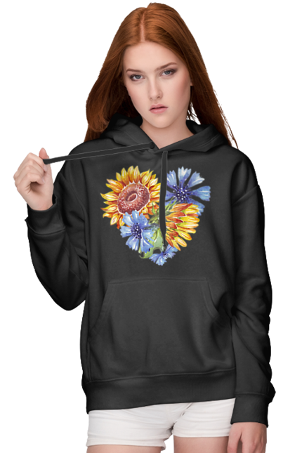 Жіноче худі з принтом "Серце соняшники та фіалки". Квіти, люблю україну, любов, серце, соняшник, україна, фіалки. 2070702