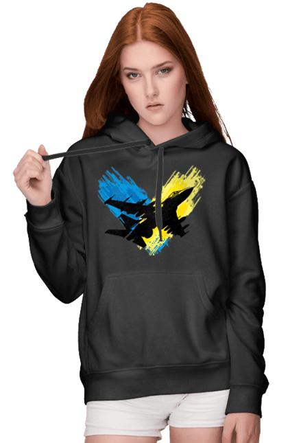 Жіноче худі з принтом "Літак F 16". З прапором, зсу, літак, літак f16, патріотична, прапор, ф16. 2070702