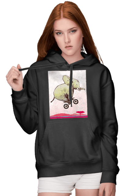 Жіноче худі з принтом "Слон На Мотоциклі". Мотоцикл, політ, слон. 2070702