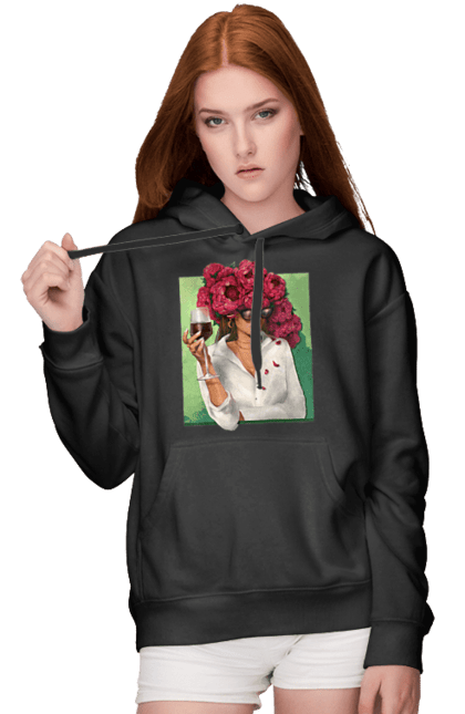 Жіноче худі з принтом "Дівчина з півоніями та келихом". Вино, дівчина, квітка, келих, літо, окуляри, півонії, сорочка. 2070702