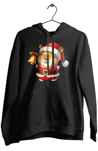 Women's hoodie with prints Funny capybara with a bell. Animal, bell, capybara, christmas, christmas capybara, gift, holiday, new year, new year`s gift, santa. 2070702