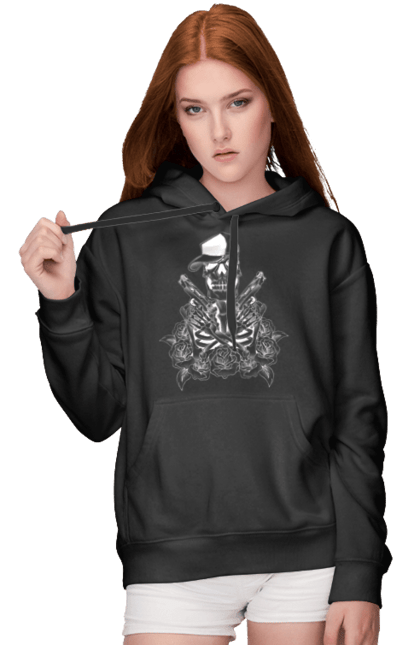Women's hoodie with prints Skeleton with pistols. Black and white, bones, cap, gun, roses, scull, skeleton, teeth. 2070702