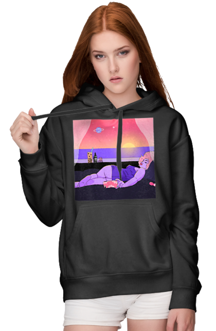 Жіноче худі з принтом "Фіолетова Дівчина На Відпочинку". Дівчина, захід, телефон. 2070702