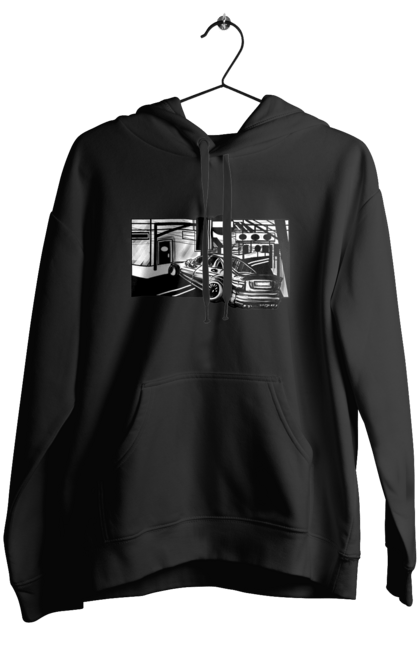 Жіноче худі з принтом "Небезпечний Автомобіль на дорогах вулиць". Автомобіль, гонки, машина, небезпечний, чорно білий, швидкий. 2070702