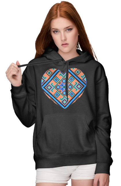 Women`s hoodie with prints Heart embroidery. Cross stitch, embroidered shirt, embroidery, heart, i love ukraine, symbols of ukraine, traditions of ukraine, ukraine. 2070702