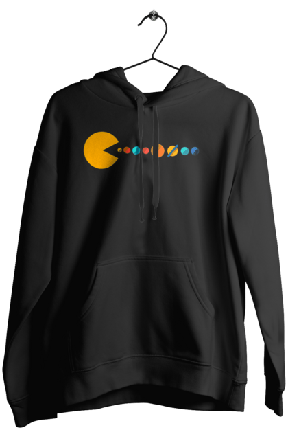 Жіноче худі з принтом "Pac Man Planets". Atari, namco, pac man, аркадна відеогра, відеогра, комп`ютерна гра, космос, лабіринт, планети, сонячна система. 2070702