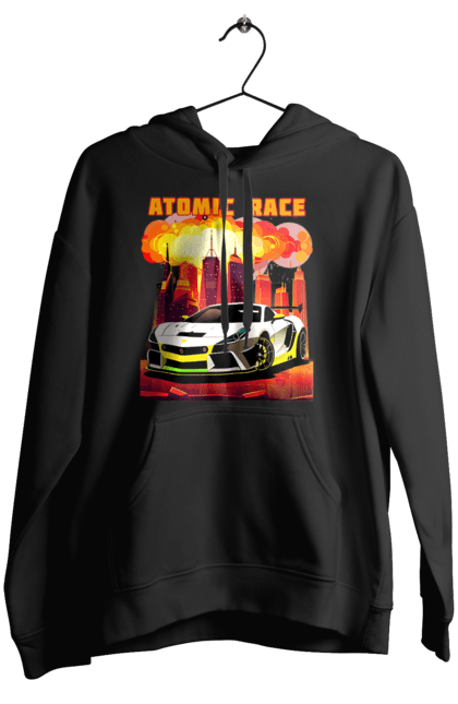 Жіноче худі з принтом "Атомна гонка". Авто, автомобіль, атомні перегони, гонки, гоночні машини, спортивна машина, спорткар. 2070702