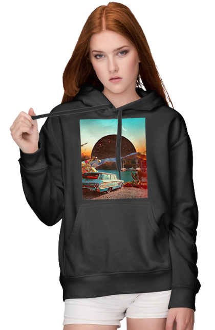 Жіноче худі з принтом "Картина, машина біля річки". Картина, машина, планета, прикол, ретро, річка. 2070702