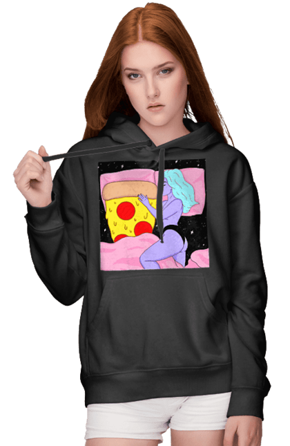 Жіноче худі з принтом "Фіолетова Дівчина І Піца". Дівчина, ліжко, піца. 2070702