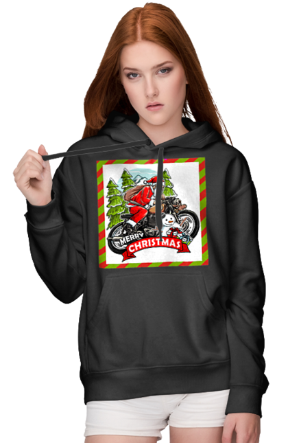 Жіноче худі з принтом "Санта на мотоциклі". Мотоцикл, новий рік, подарунки, різдво, санта, сніговик, ялинка. 2070702
