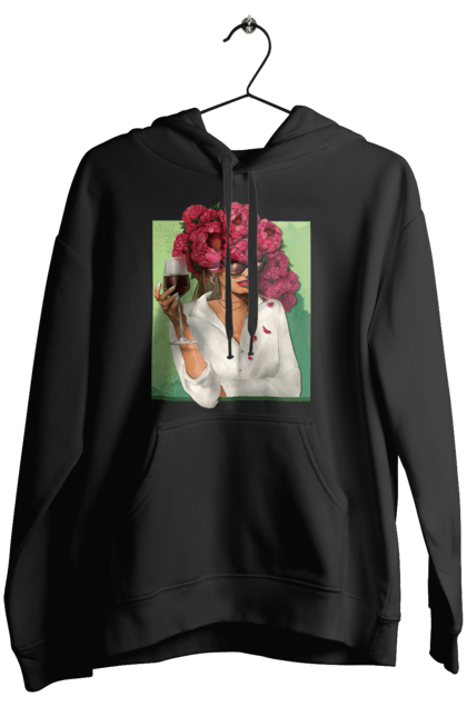 Жіноче худі з принтом "Дівчина з півоніями та келихом". Вино, дівчина, квітка, келих, літо, окуляри, півонії, сорочка. 2070702