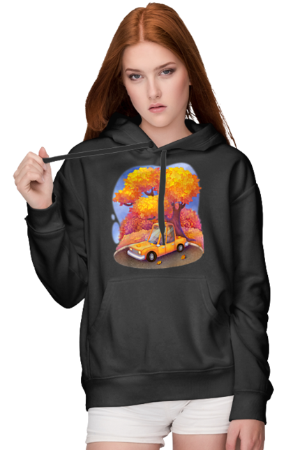 Жіноче худі з принтом "Осiнь Авто Дерево". Дерево, жовтий мила ілюстрація, машина, осінь, помаранчевий. 2070702