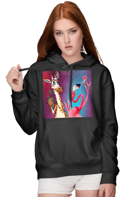 Жіноче худі з принтом "Жираф І Фламінго На Вечірці". Жираф, їжа, коктейль, фламінго. 2070702