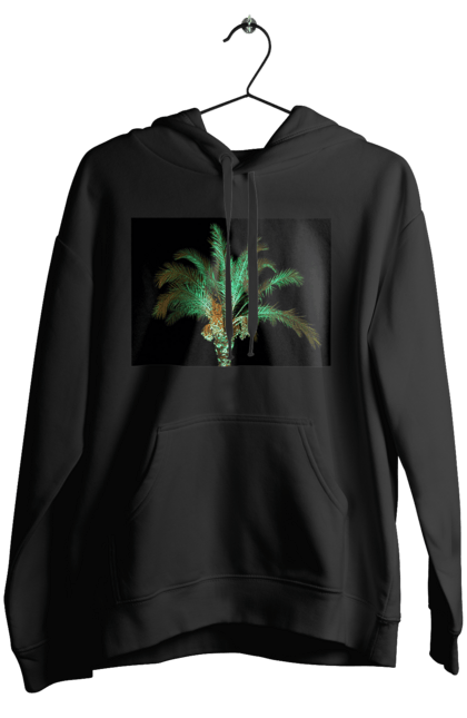 Жіноче худі з принтом "Фінікова Пальма Вночі". Берег, відпочинок, відпустка, зелений, море, ніч, оазис, океан, острів, пальма, південь, подорож, пригоди, тропіки, фінікова, чорне. 2070702