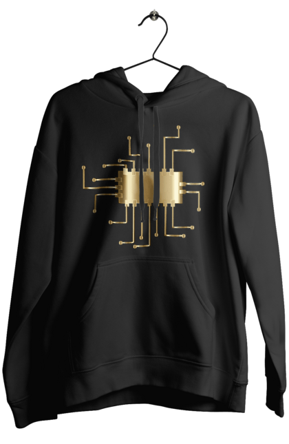 Жіноче худі з принтом "Золотий Чіп". Айті, айтішник, гик, золотий, золото, інженер, кібернетика, код, комп, комп’ютерник, кристал, мікросхема, програміст, професія, розробник, чіп. 2070702