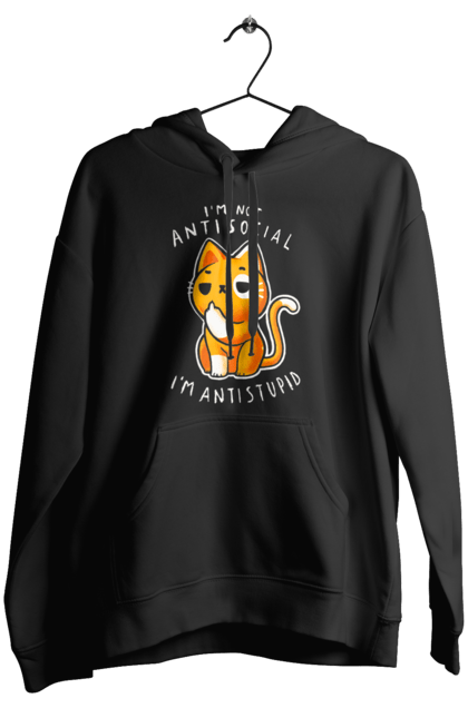 Women's hoodie with prints I'm not antisocial, I'm antistupid. Antisocial, antistupid, cat, cynicism, hate, humor, irony, joke, meme, sarcasm. 2070702