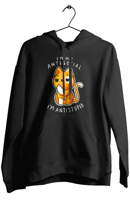 Women`s hoodie with prints I'm not antisocial, I'm antistupid. Antisocial, antistupid, cat, cynicism, hate, humor, irony, joke, meme, sarcasm. 2070702