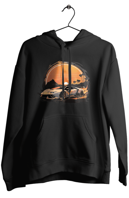 Жіноче худі з принтом "Ламборджині на заході сонця". Авто, автомобіль, ламборджині, машина, машини. 2070702
