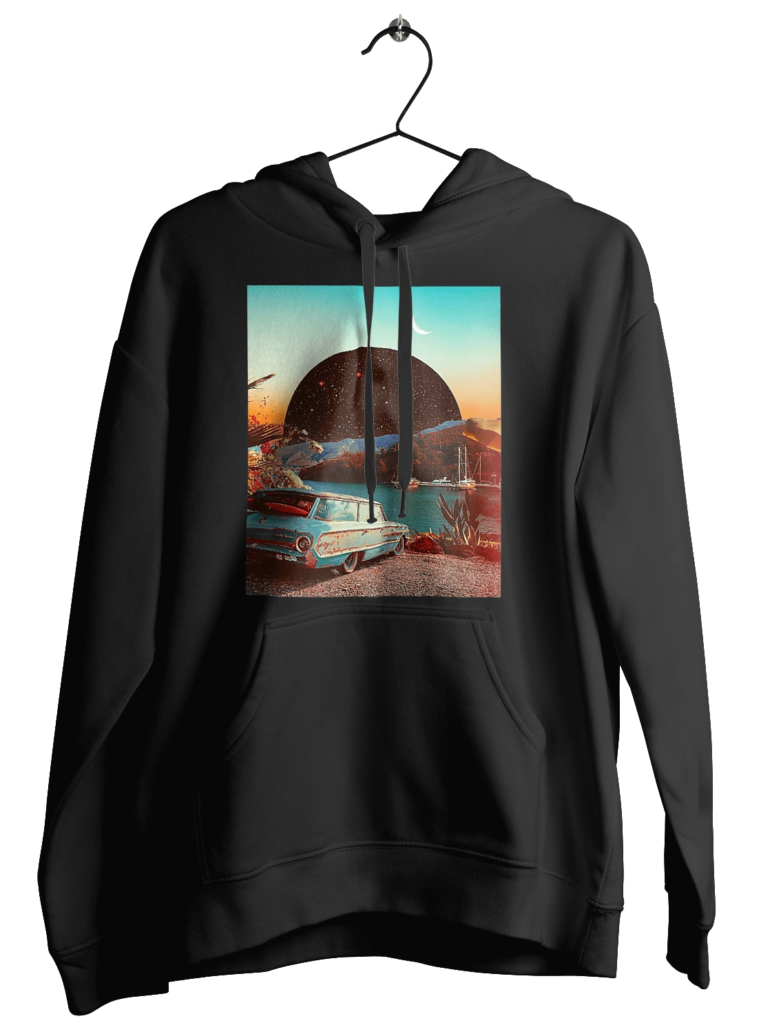 Painting, car by the river