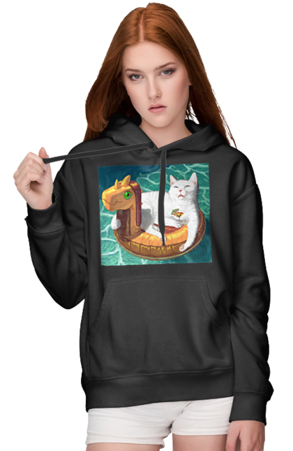 Жіноче худі з принтом "Білий кіт у плавальному колі, на відпочинку". Басейн, відпочинок, кіт, коктейль, море, плавальний круг. 2070702