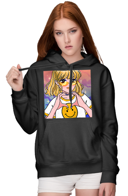 Жіноче худі з принтом "Жовта Дівчинка". Аніме, дівчинка, смайл. 2070702