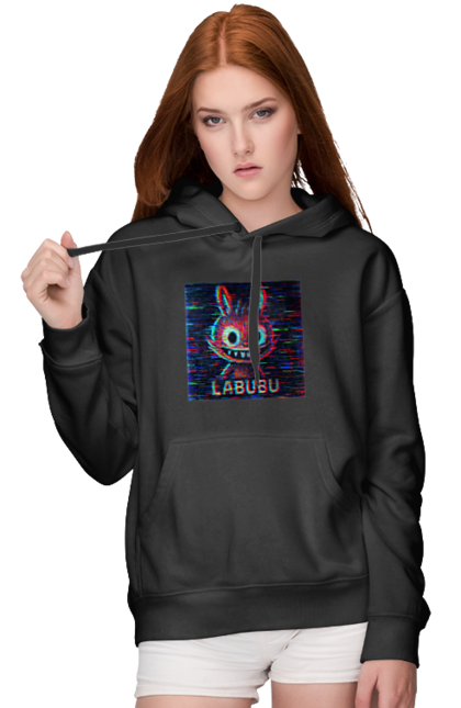 Жіноче худі з принтом "Лабубу". Crt, rgb, глітч, кіберпанк, лабубу, пікселі, ретро, спотворення, цифрове мистецтво, шум. 2070702