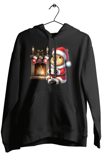 Women's hoodie with prints Capybara by the fireplace with hot chocolate. Animal, capybara, christmas, christmas capybara, fireplace, gift, holiday, hot chocolate, new year, santa. 2070702