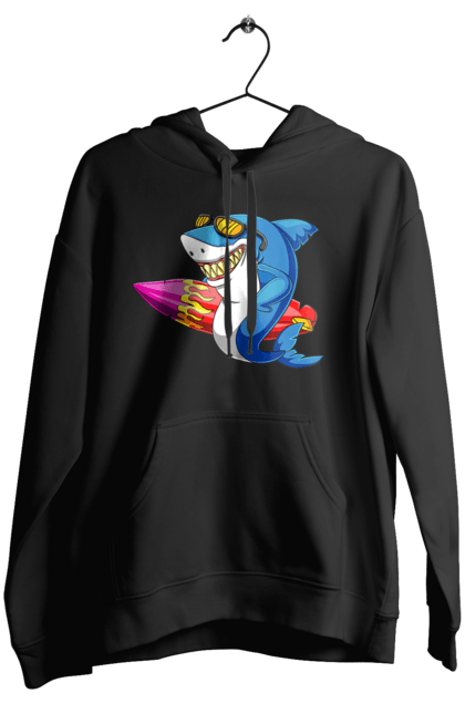 Жіноче худі з принтом "Акула В Окулярах З Серфінгом". Акула, літо, окуляри, серфінг. 2070702