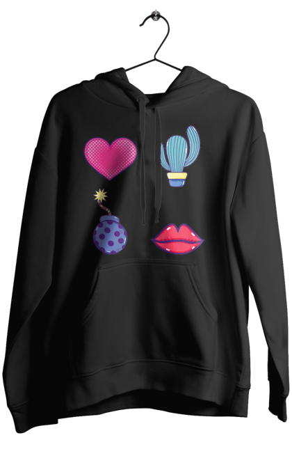 Women`s hoodie with prints Heart, Cactus, Bomb, Lips. Bomb, cactus, lips. 2070702