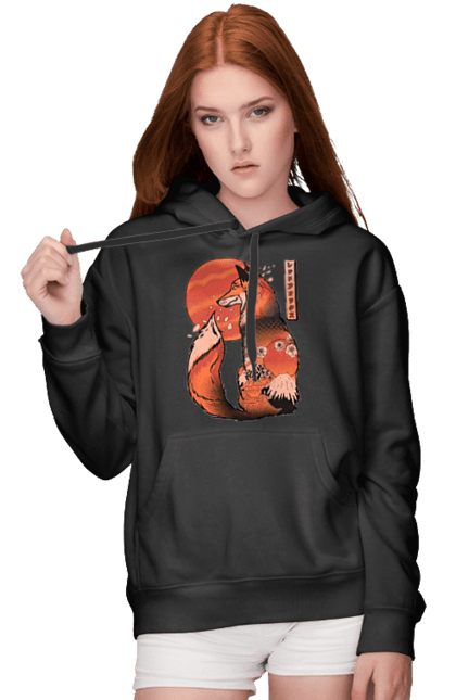 Women's hoodie with prints Kitsune. Animal, cherry blossoms, flowers, fox, great wave, japan, japanese, kitsune, mount fuji, red fox. 2070702