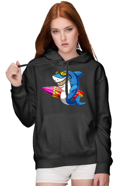 Жіноче худі з принтом "Акула В Окулярах З Серфінгом". Акула, літо, окуляри, серфінг. 2070702