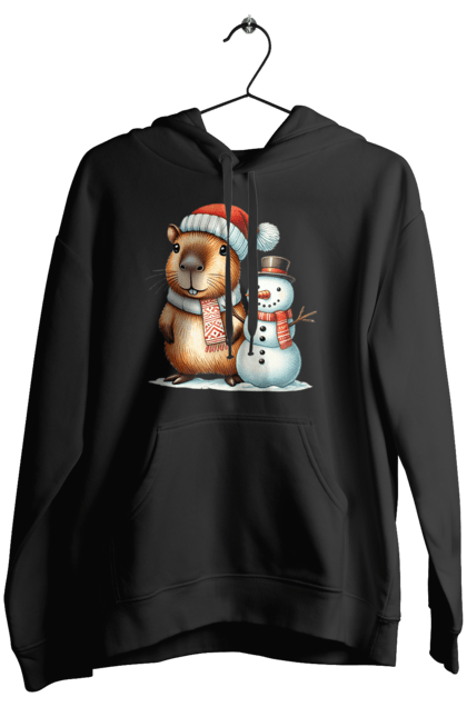 Women's hoodie with prints Capybara and Snowman. Animal, capybara, christmas, christmas capybara, gift, holiday, new year, new year`s gift, santa, snowman. 2070702