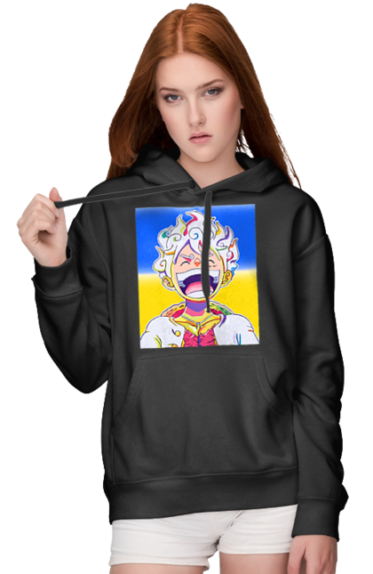 Жіноче худі з принтом "Монкі д Луффі сміється на жовто блактному фоні". Ван піс, луффі, монкі д. луффі, прапор україни, символ україни, україна. 2070702