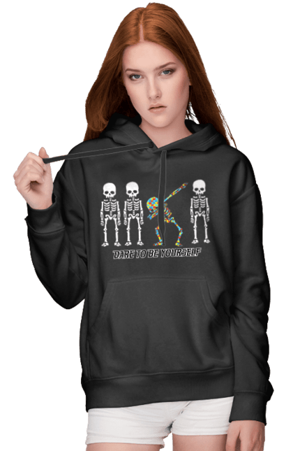 Women's hoodie with prints Dare to be yourself. Be yourself, creativity, dancing skeleton, individuality, personality, self-expression, skeleton. 2070702