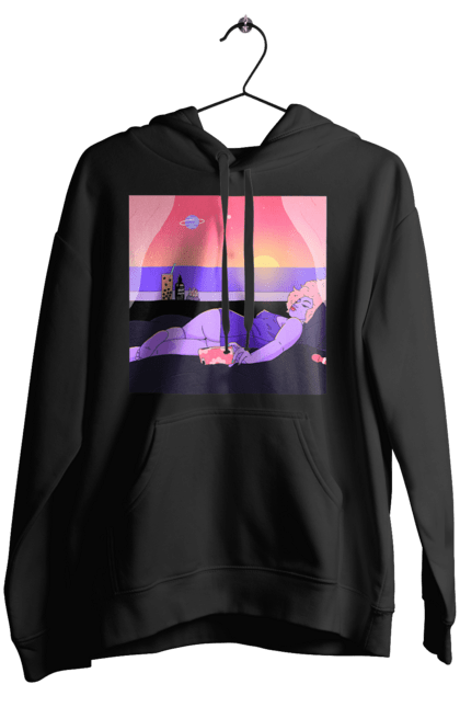 Жіноче худі з принтом "Фіолетова Дівчина На Відпочинку". Дівчина, захід, телефон. 2070702