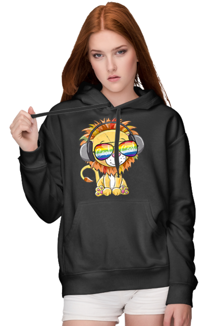 Women`s hoodie with prints Lion In Glasses And Headphones. Glasses, headphones, lion cub. 2070702