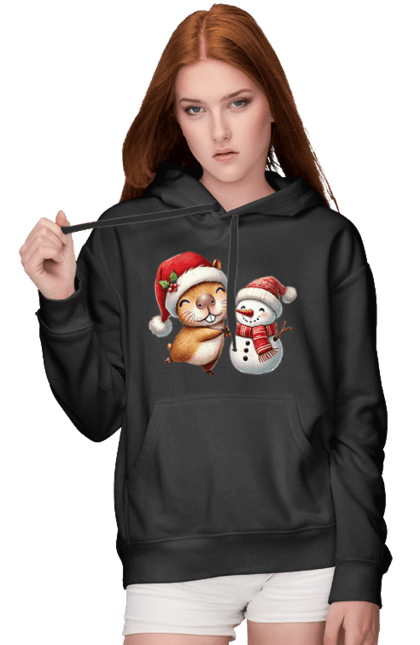 Women's hoodie with prints Capybara and Snowman. Animal, capybara, christmas, christmas capybara, gift, holiday, new year, new year`s gift, santa, snowman. 2070702