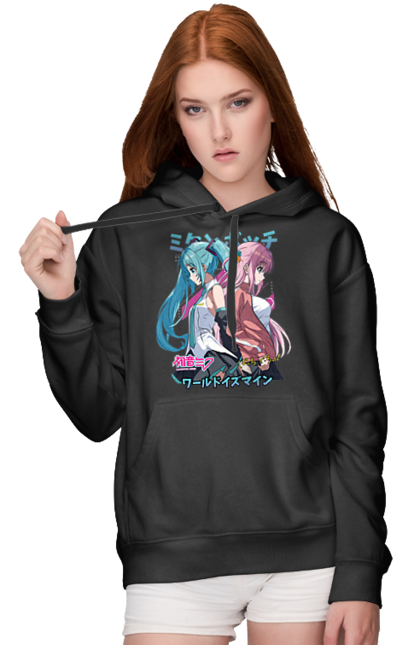 Women's hoodie with prints Hatsune Miku and Hitori Gotou. Anime, bocchi the rock, hatsune miku, hitori goto, hitori gotou, lonely rocker, miku, rocker, vocaloid. 2070702