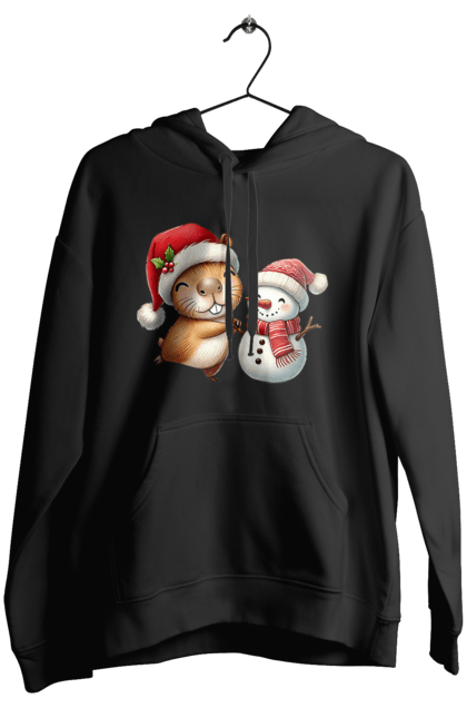 Women's hoodie with prints Capybara and Snowman. Animal, capybara, christmas, christmas capybara, gift, holiday, new year, new year`s gift, santa, snowman. 2070702