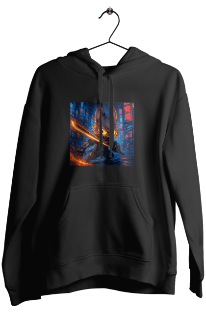 Жіноче худі з принтом "Лабубу". Аніместиль, дія, катана, кіберніндзя, кіберпанк, лабубу, меч, неонове місто, очі` що світяться. 2070702