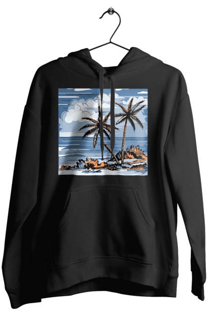 Жіноче худі з принтом "Пальми І Небо". Море, небо, пальми, хмари. 2070702