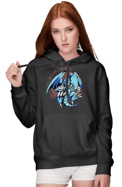 Women's hoodie with prints Yu Gi Oh! Blue Eyes Toon Dragon. Anime, blue-eyes toon dragon, cards, dragon, game, manga, yu gi oh. 2070702