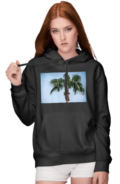 Жіноче худі з принтом "Пальма на тлі неба". Берег, блакитне, відпочинок, відпустку, єгипет, зелений, зелені, лист, листя, море, небо, оазис, океан, острів, пальма, південь, подорож, пригоди, тропіки, туреччина. 2070702