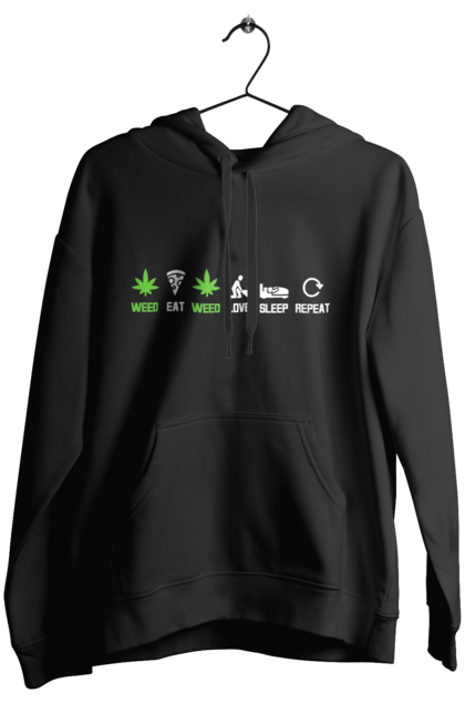 Women`s hoodie with prints Eat, love, sleep, repeat. Dream, eat, love, pizza, repeat, sex, sleep, weed. 2070702